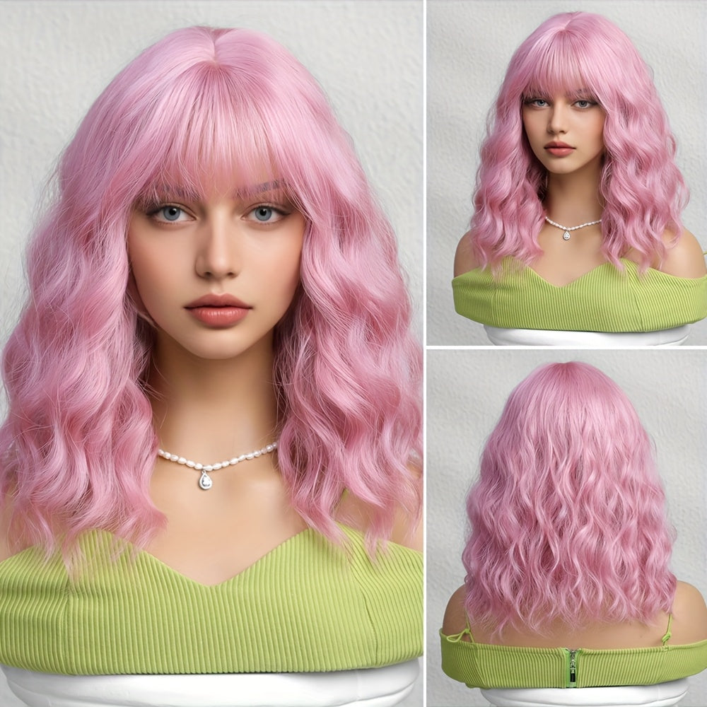 1pc Pink Short Curly Bob Wig with Bangs for Women - Matte Synthetic Hair, Loose Wave Style, 150% Density, Rose Net Cap, Perfect for Casual Attire or Special Occasions